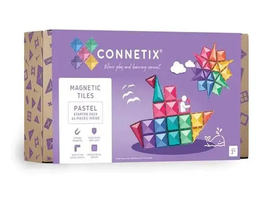 Connetix magnetic tiles set in pastel colors packaged in a purple and kraft paper box.