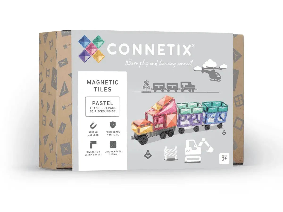 Box of Connetix magnetic tiles in pastel colors featuring a train design on the packaging.