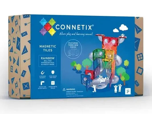 Colorful box packaging for Connetix magnetic tiles toy set featuring rainbow colors and a castle design.