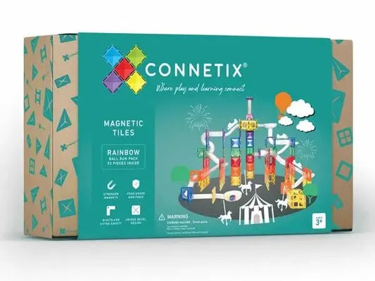 Colorful box for Connetix magnetic tiles featuring a whimsical cityscape design.