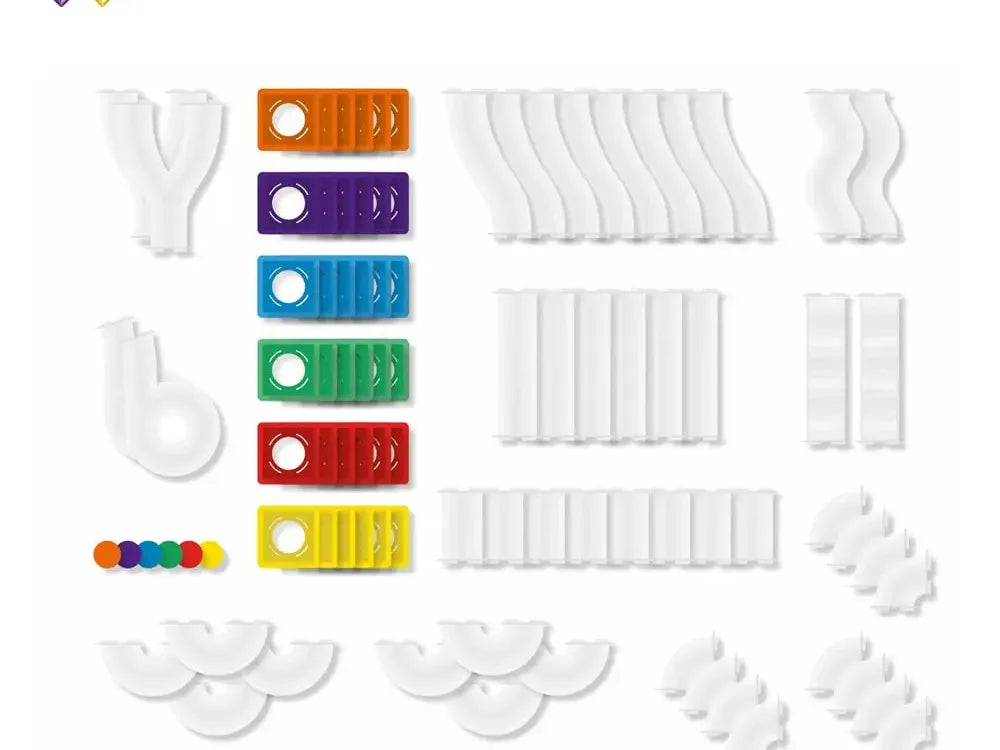 Ball run construction set with colorful track pieces and white connectors.