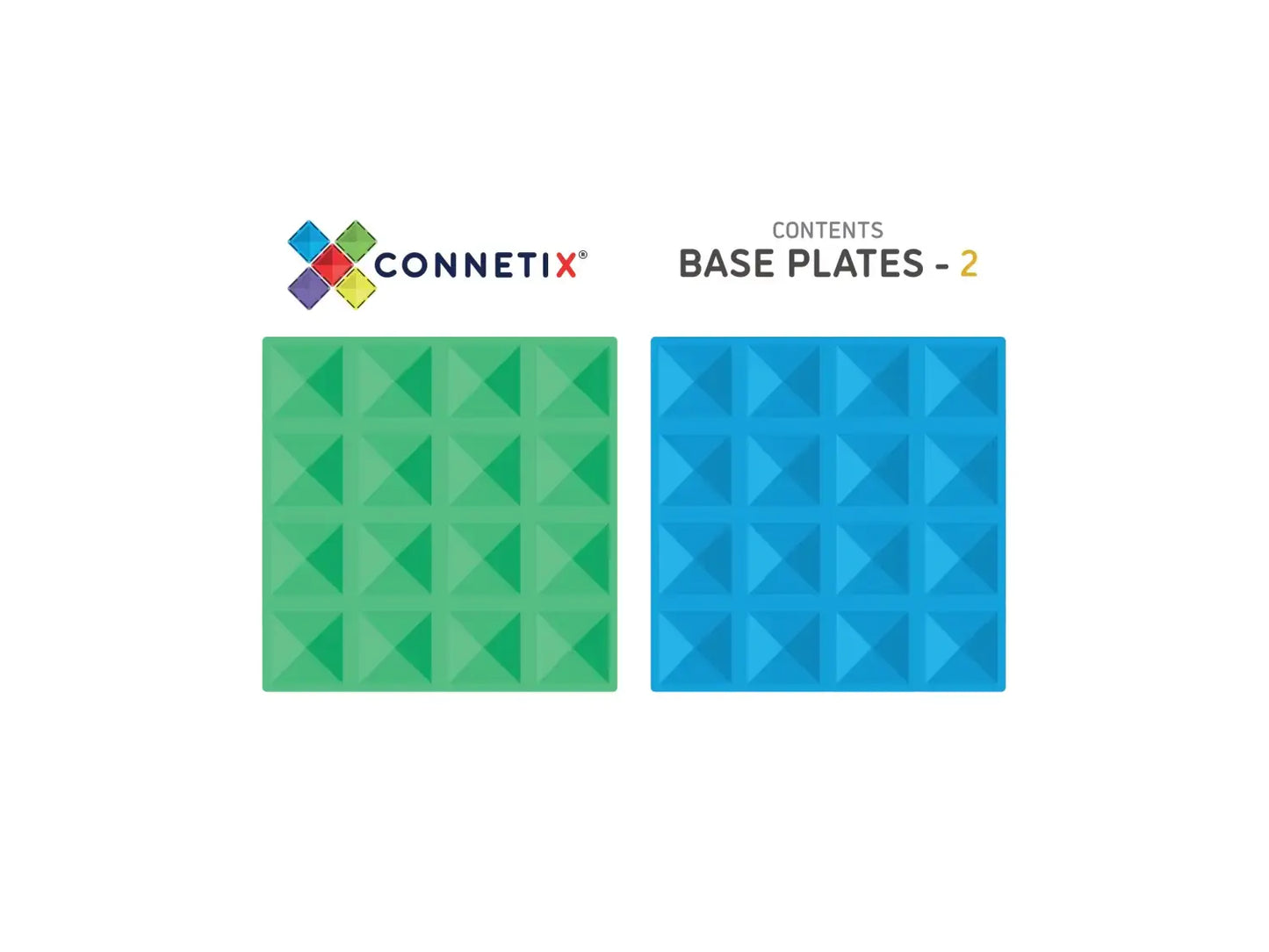 Two square base plates with geometric pyramid patterns in green and blue colors.