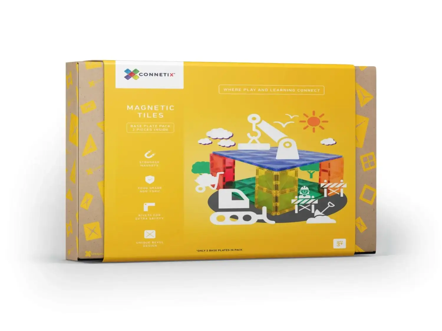 Yellow product box featuring a colorful toy construction set illustration on the front.