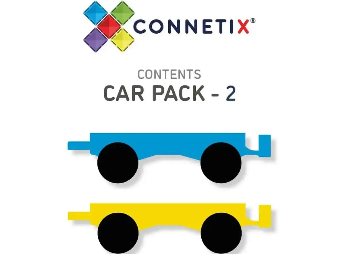 Colorful logo and product image for Connetix Car Pack - 2, showing simplified blue and yellow car shapes.