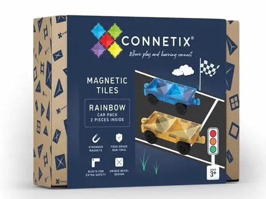 Box of Connetix magnetic tiles in the Rainbow set containing 32 pieces.