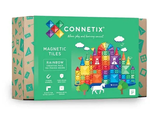Colorful magnetic tile building set called Connetix in a cardboard box packaging.
