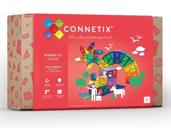Colorful box of Connetix magnetic tiles featuring a rainbow-hued animal design.