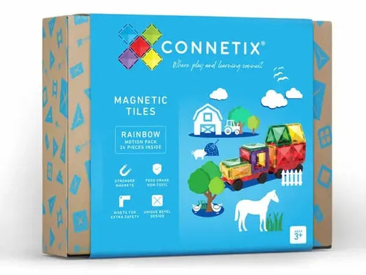 Box of Connetix magnetic tiles featuring a colorful farm scene on the packaging.