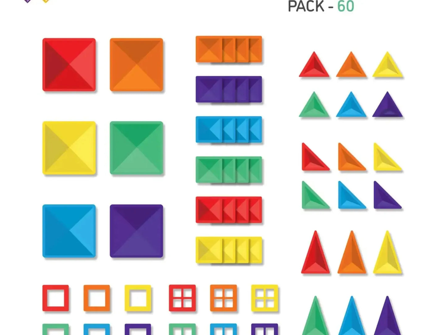 Rainbow-colored geometric shapes and pieces from a children’s building or educational toy set.