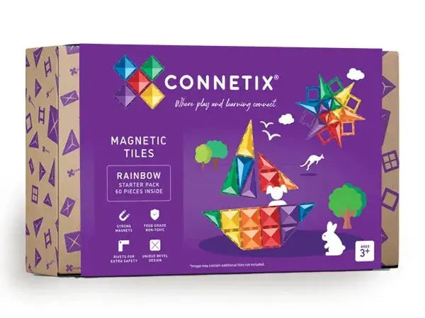 Colorful box of Connetix magnetic tiles featuring rainbow-hued geometric shapes and playful designs.