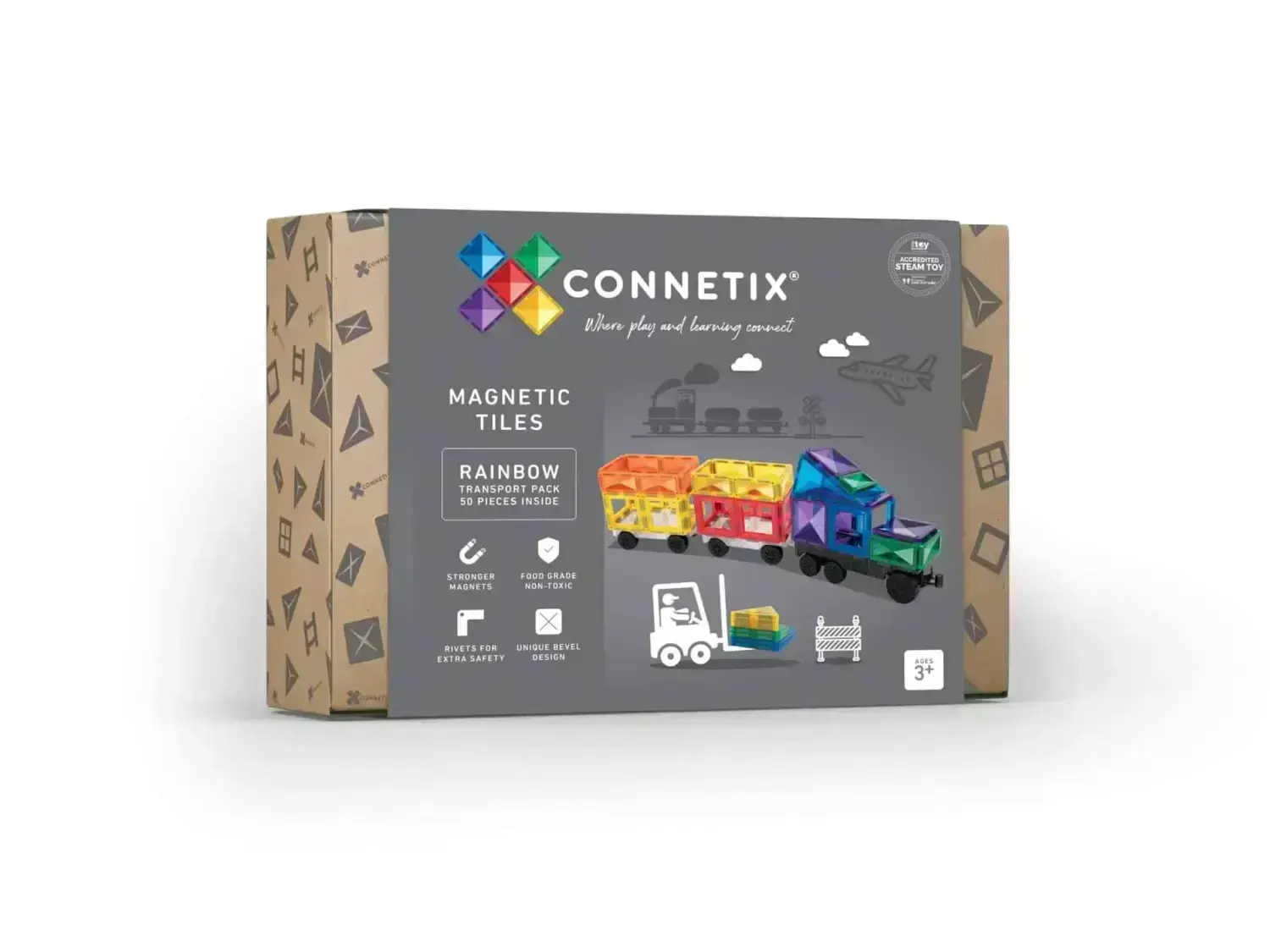Box of Connetix magnetic tiles featuring a rainbow color scheme and construction designs.