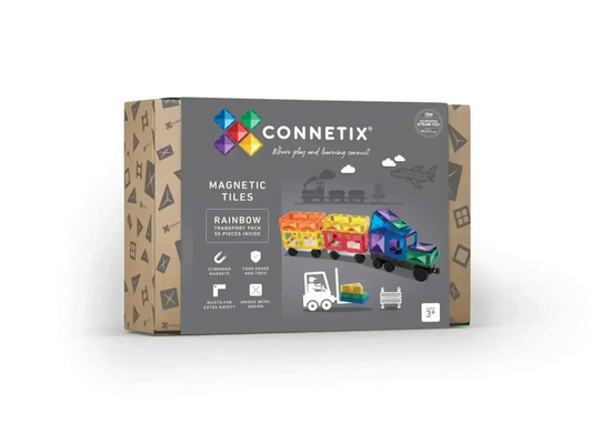 Box of Connetix magnetic tiles featuring a rainbow color scheme and construction designs.