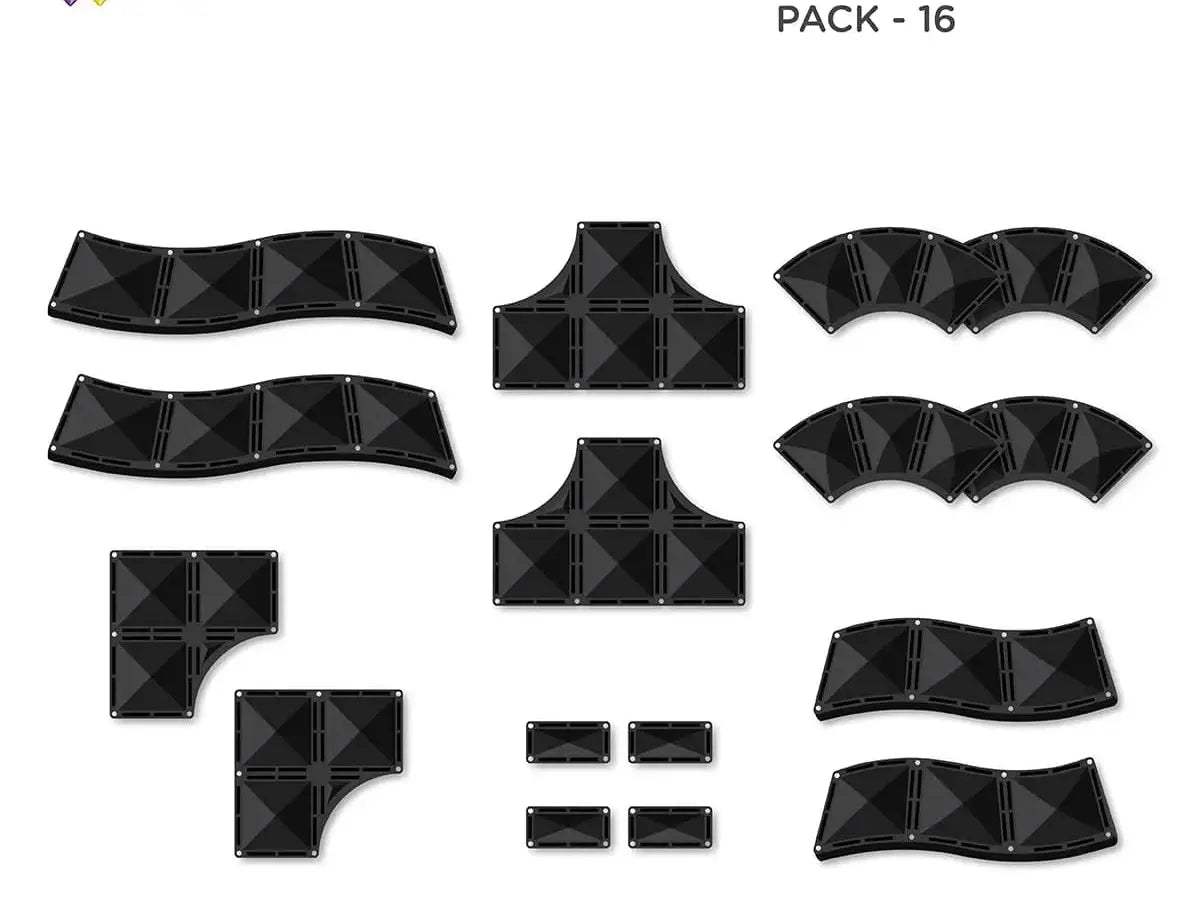 Set of black modular ramps and intersections for constructing miniature terrain or game boards.