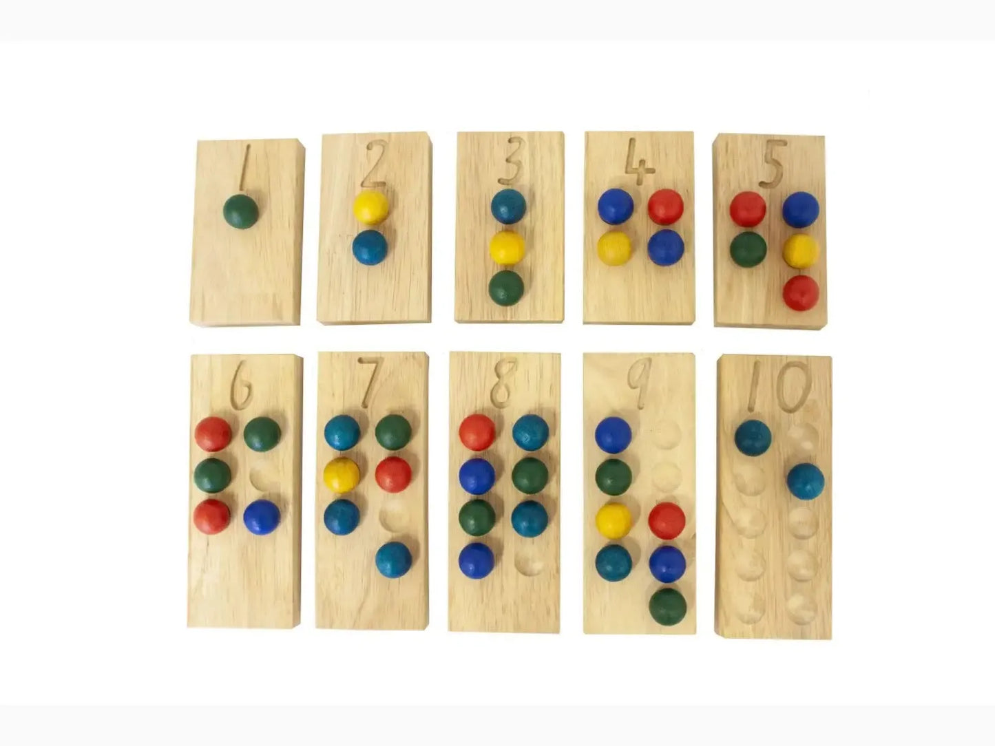 Wooden counting boards with colorful pegs representing numbers from 1 to 10.