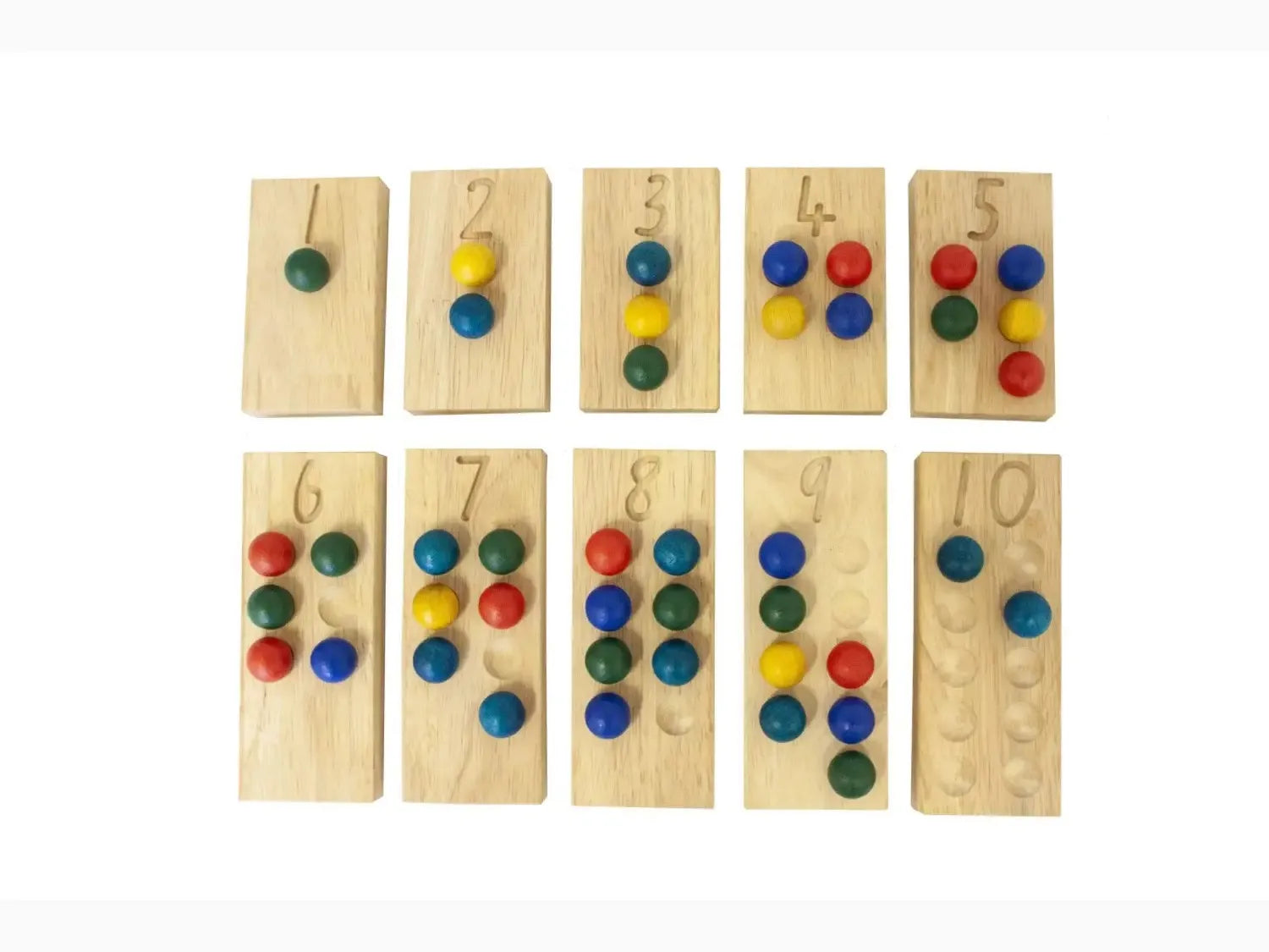 Wooden counting boards with colorful pegs representing numbers from 1 to 10.
