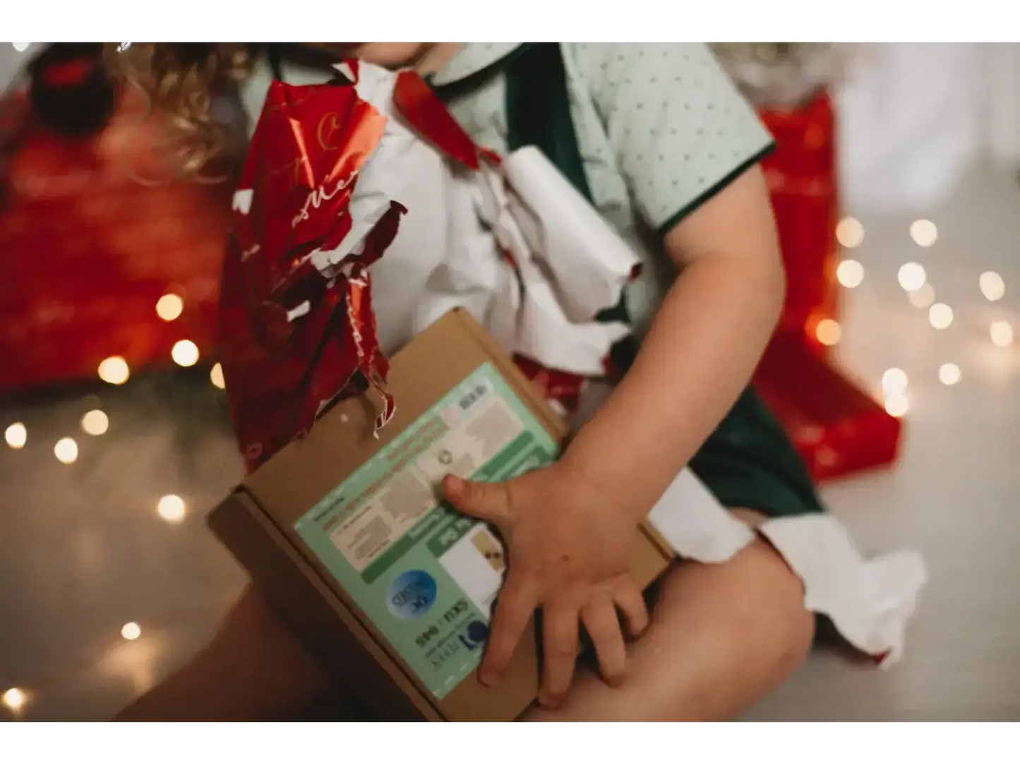 Book being held by small hands in a festive setting.