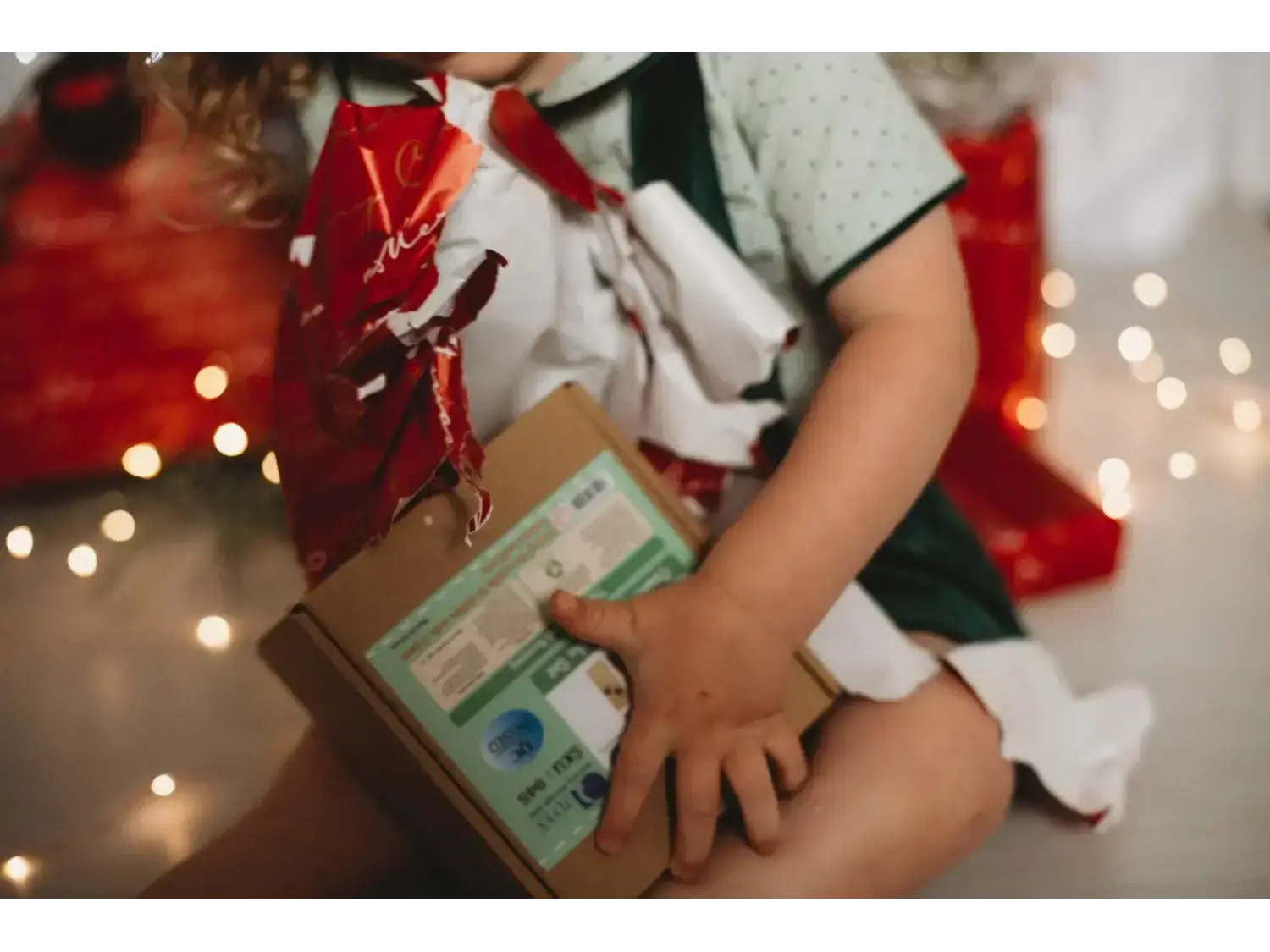 Book being held by small hands in a festive setting.