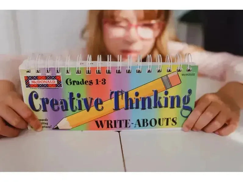 Spiral-bound book titled ’Creative Thinking Write-Abouts’ for Grades 1-3.