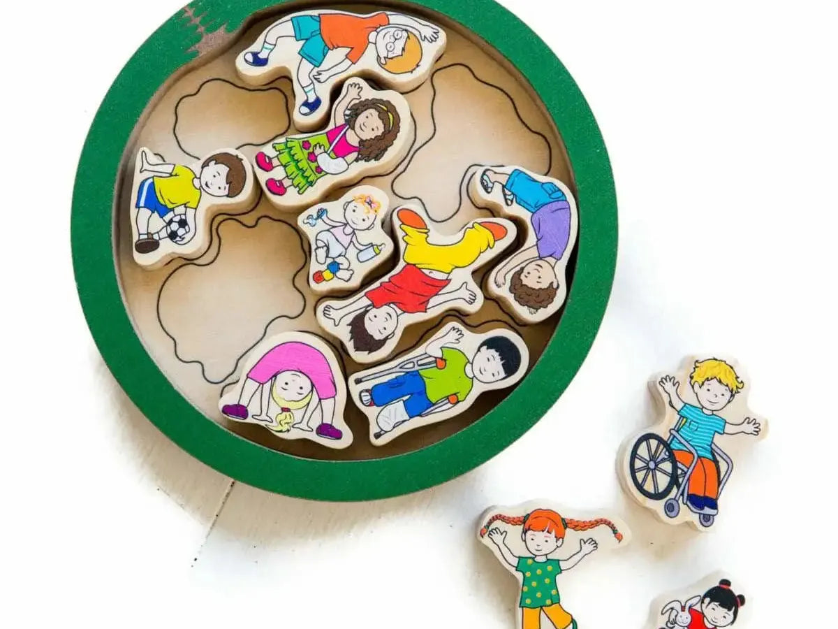 Circular wooden puzzle with colorful cartoon character pieces depicting children in various poses and activities.