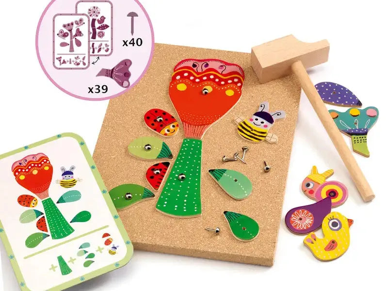 Wooden hammering toy with colorful shapes.