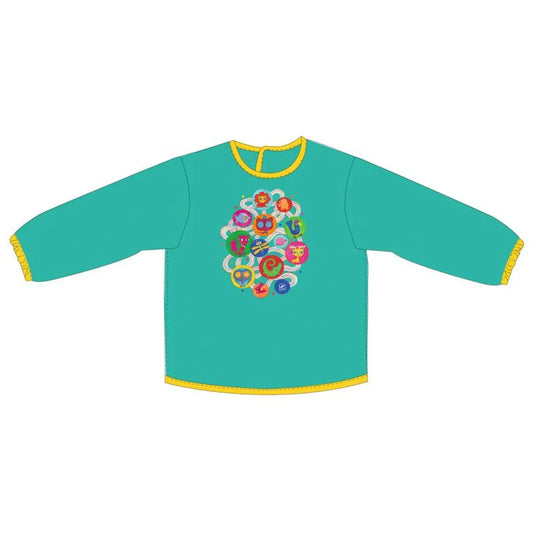 Long-sleeved teal shirt with colorful circular designs.
