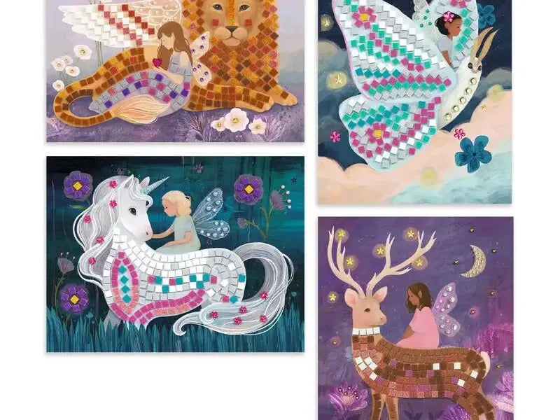 Four mosaic-style fantasy art prints.