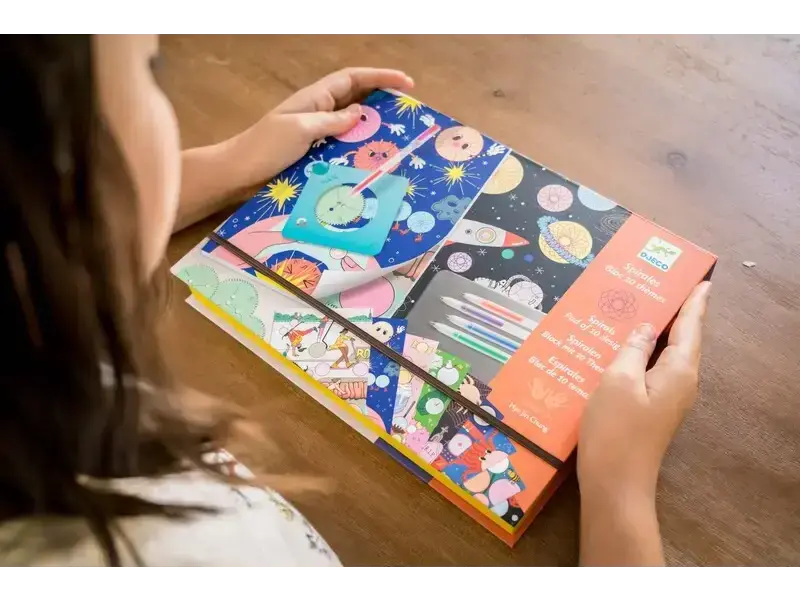 Colorful children’s book or activity set with space-themed illustrations on the cover.