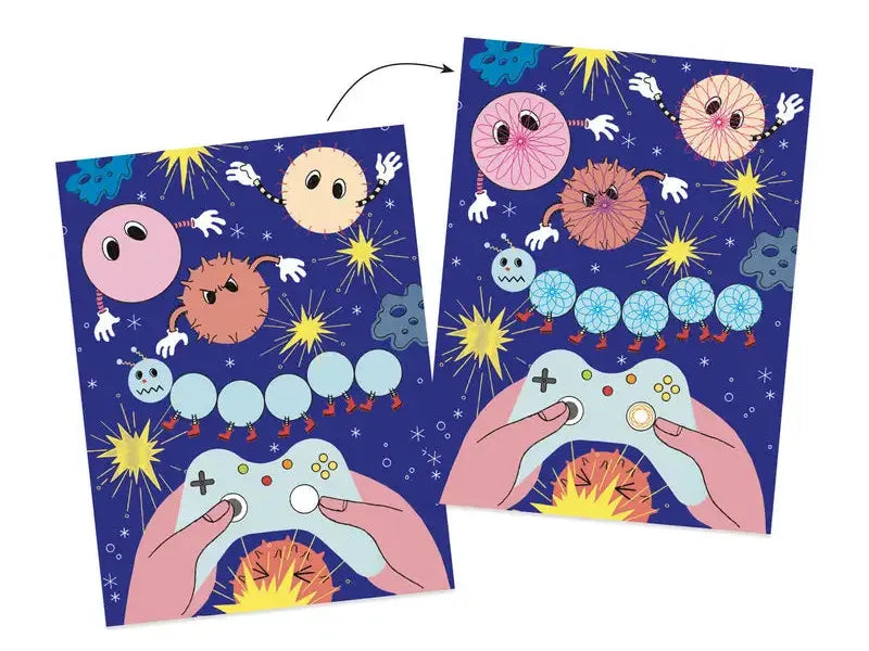 Cartoon-style sticker or craft activity sheets featuring colorful space creatures and hands holding a game controller.