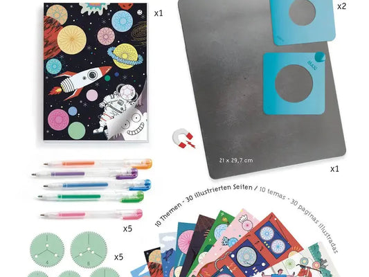 Colorful space-themed art kit with notebook, stencils, stickers, and pencils.