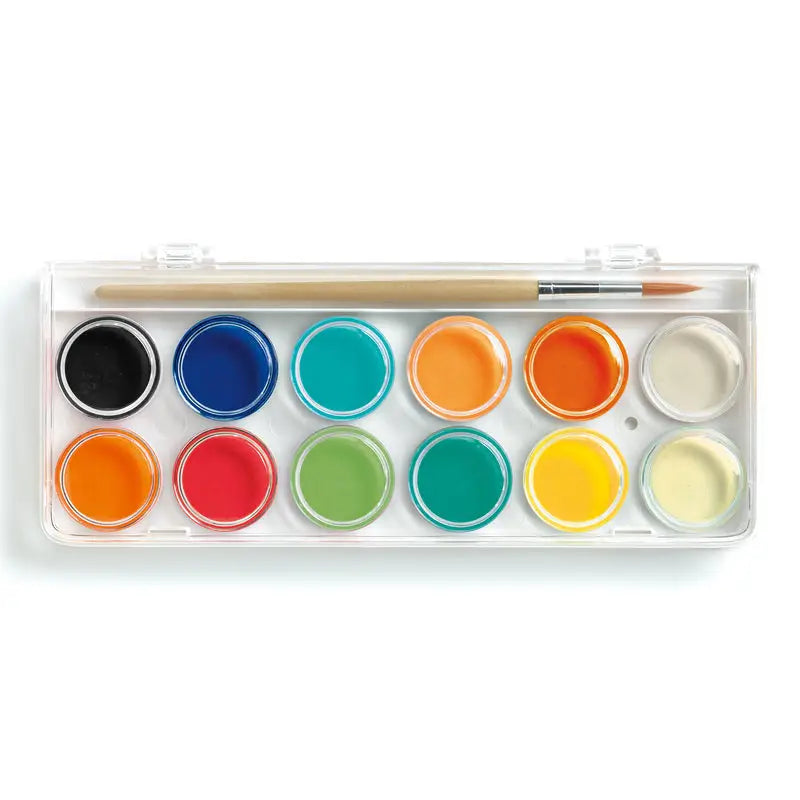 Watercolor paint set with twelve colorful pigments in a plastic case and a brush.