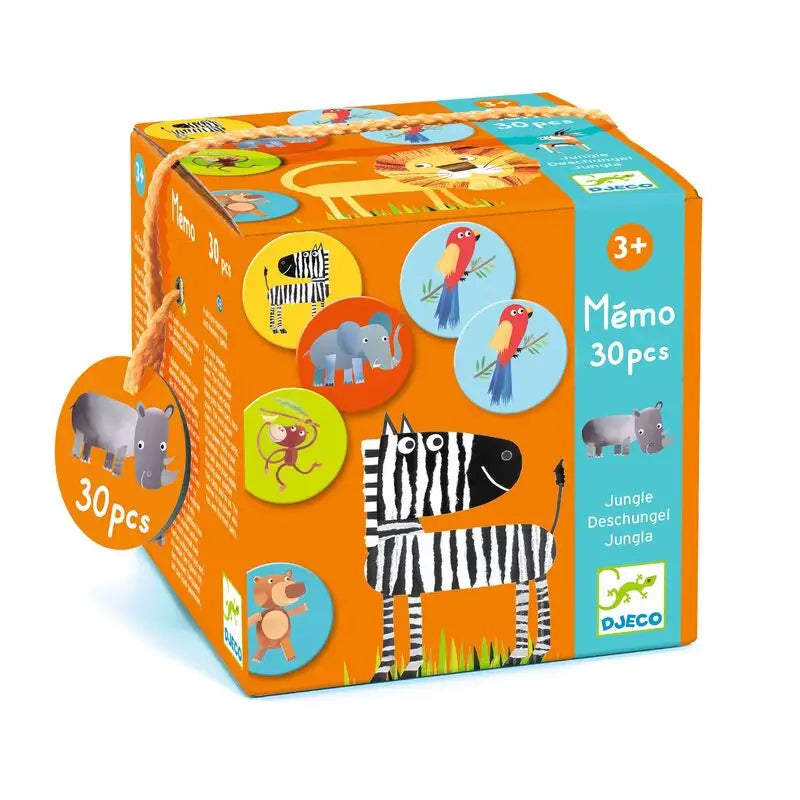 Orange cardboard box containing a children’s animal-themed memory game with 30 pieces.