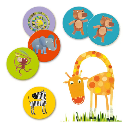 Colorful cartoon illustrations of various animals on circular badges and a giraffe.