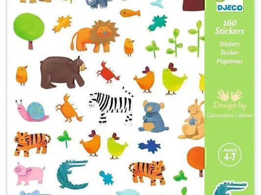 Collection of colorful cartoon animal stickers for children.