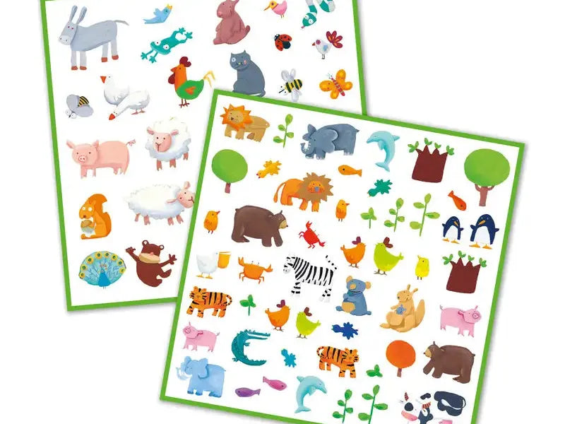 Set of colorful animal and nature stickers on two sheets.