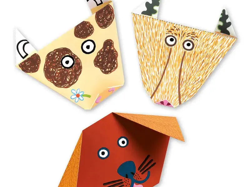 Three whimsical paper animal faces crafted in a cartoon style.