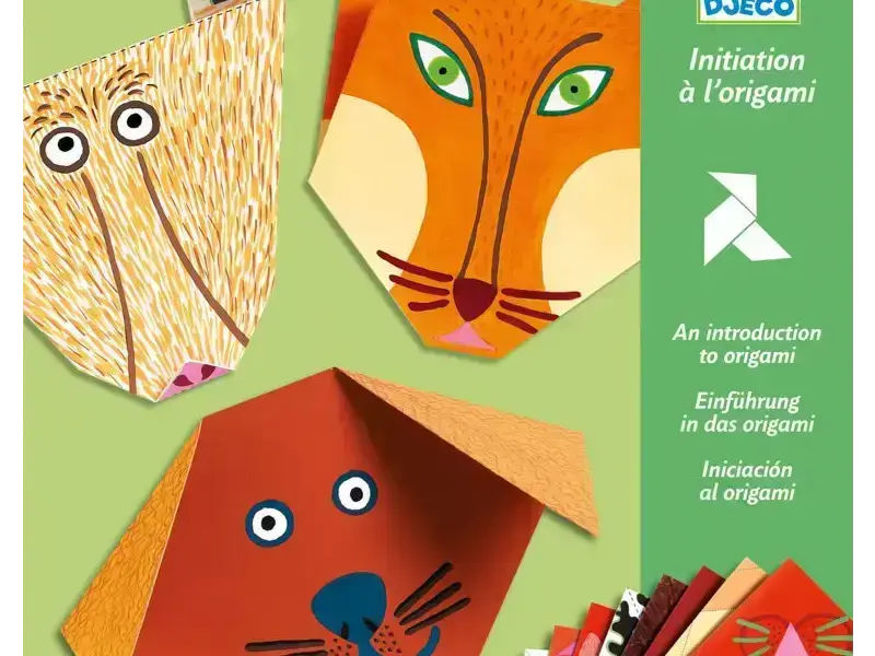 Origami kit featuring animal face designs including an owl, fox, and dog.