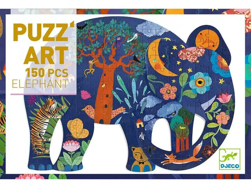 Colorful puzzle depicting an elephant filled with whimsical nature scenes and animals.