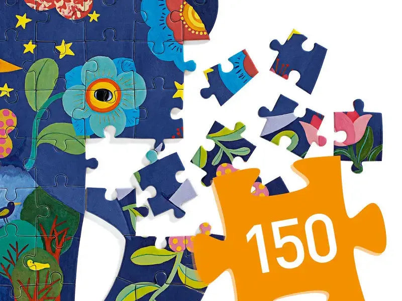 Colorful, partially assembled jigsaw puzzle depicting a stylized elephant with floral and celestial motifs.