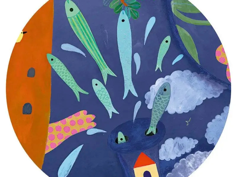 Circular illustration featuring stylized fish, plants, and abstract shapes in vibrant colors.