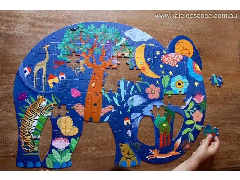 Colorful elephant-shaped jigsaw puzzle filled with whimsical nature and animal designs.
