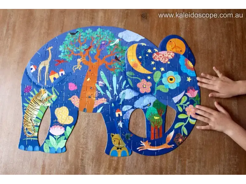 Colorful elephant-shaped puzzle with whimsical nature-themed illustrations covering its surface.
