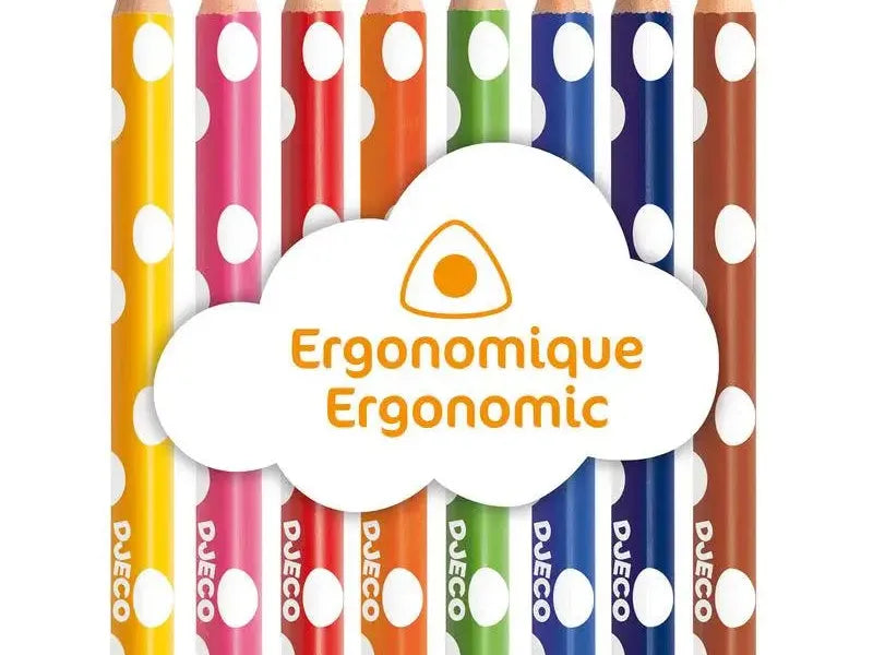 Colorful set of ergonomic pencils with white polka dots behind a cloud-shaped logo.