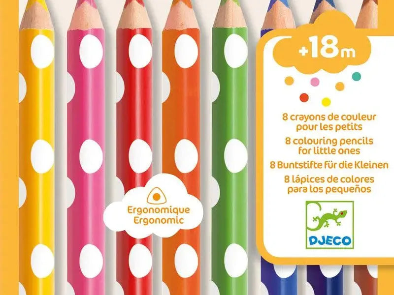 Set of colorful ergonomic pencils for young children with polka dot patterns on their barrels.