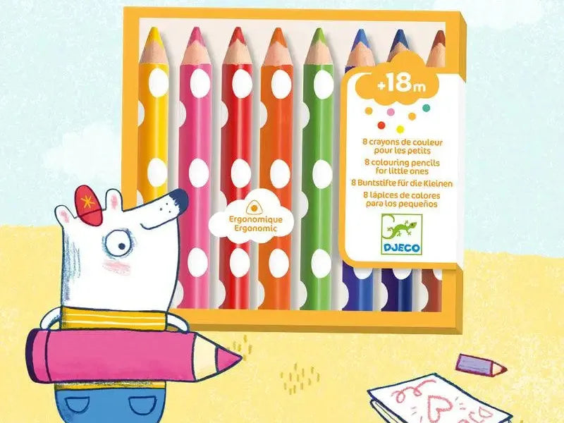 Set of colorful polka-dotted pencils in a yellow box.