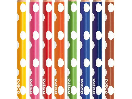 Colorful polka-dotted pencils arranged in a row.