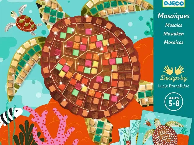 Mosaic sea turtle composed of colorful square tiles.