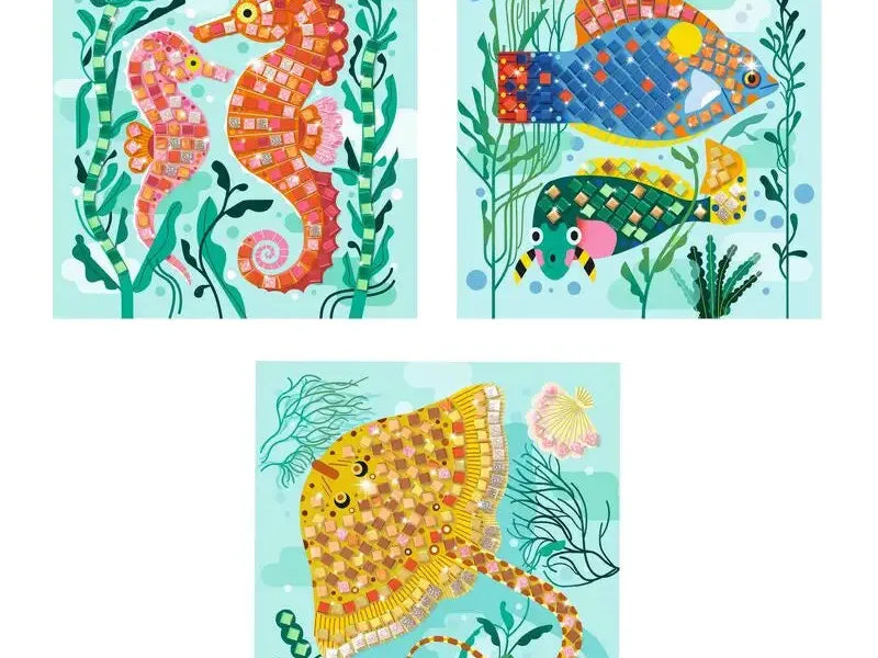 Three colorful sea creatures: a seahorse, a fish, and a stingray, depicted in a whimsical, mosaic-like style.