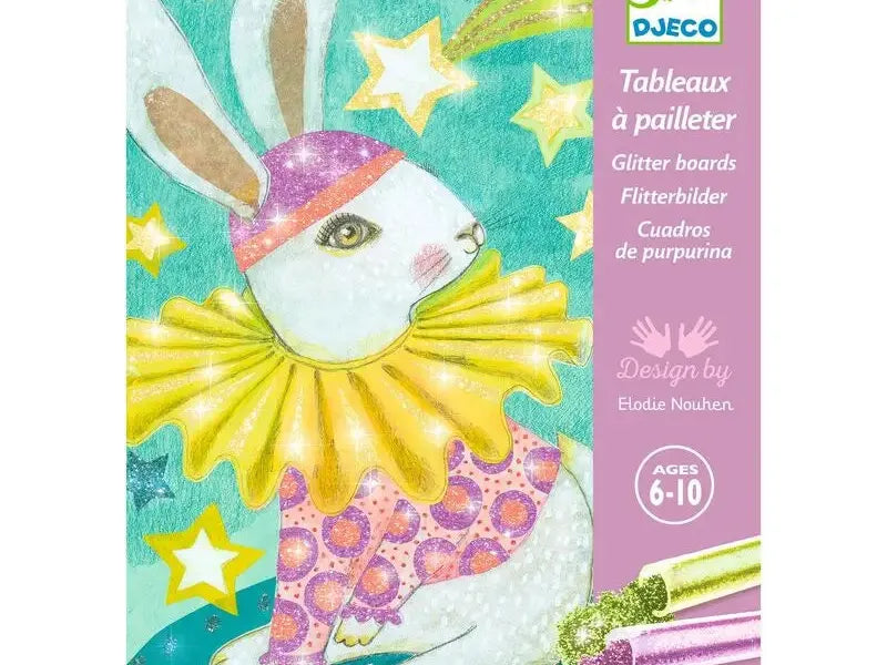 Whimsical rabbit wearing a yellow collar and colorful outfit, surrounded by stars.