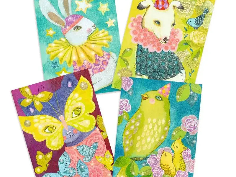 Set of four colorful illustrated animal-themed greeting cards or postcards.