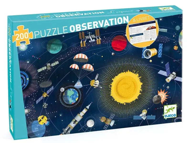 Puzzle box featuring a colorful space-themed observation design with 200 pieces.
